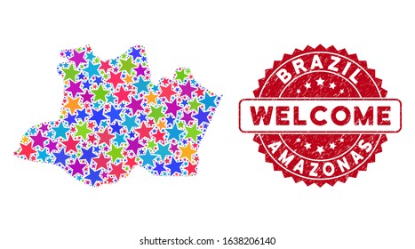 Colorful Amazonas State map composition of stars, and grunge rounded red WELCOME stamp seal. Abstract territory plan in colorful color tinges. Vector Amazonas State map is constructed of color stars.