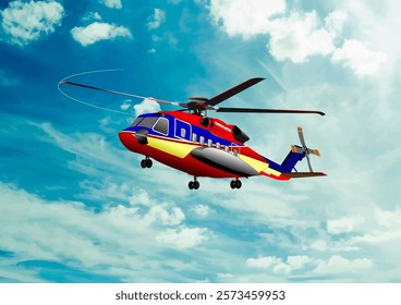 Colorful ambulance helicopter flying in a cloudy blue sky, providing emergency medical services