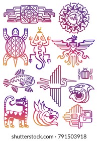 Colorful american aztec, mayan culture symbols isolated on white background. Vector illustration