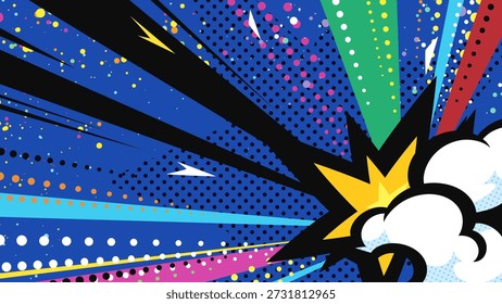 Colorful American comic style background illustration of impact and smoke from the bottom right _ 16:9