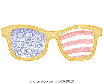 Colorful american flag glasses engraving style. Funny vector print.