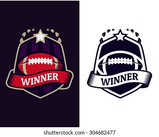 Colorful american football challenge winner logo label with winner sign on red ribbon in color and one-color performance. Vector abstract isolated illustration
