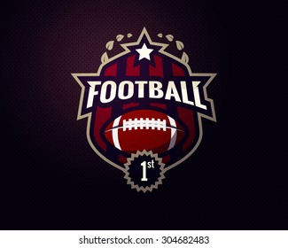 Colorful american football challenge winner logo label with first place sign. Vector abstract isolated illustration