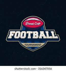 Colorful american football tournament challenge logo label on shield. Vector isolated sport logo design illustration on thematic football background