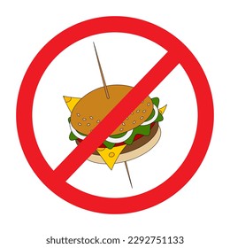 Colorful American hamburger under the prohibition sign. Unhealthy eating. Fast food. Healthy food day