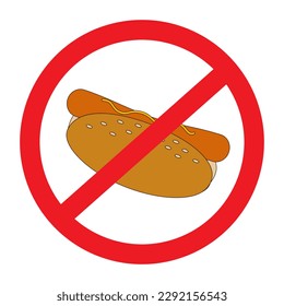 Colorful American hot dog under the prohibition sign. Unhealthy eating. Fast food. Healthy food day