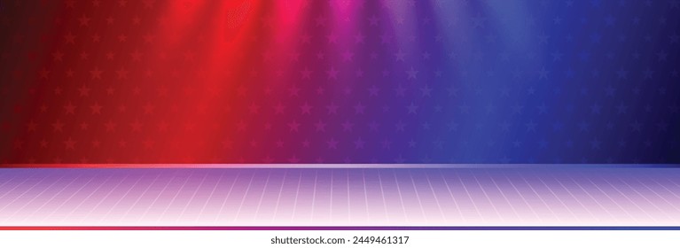 Colorful American Independence Day USA blank, copy space, sale poster banner with product display, fireworks, stars, confetti, and american ribbon of red and blue colors. Vector illustration.