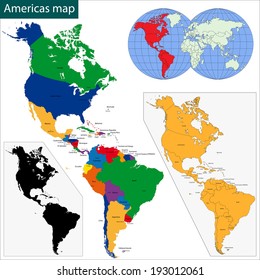 Colorful Americas map with countries and capital cities