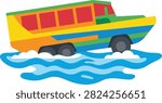 Colorful amphibious bus driving in water. A vibrant multi-colored tour bus crossing through blue water waves. Ideal for adventure tourism promotions, unique transportation concepts, and city sightseeing tour brochures.