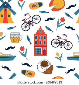 Colorful Amsterdam icons seamless pattern. Vector illustration