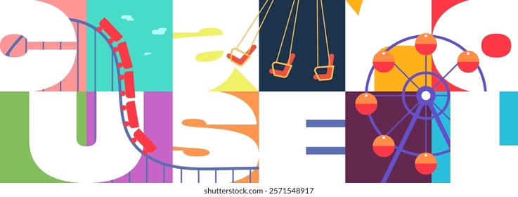 Colorful amusement park banner. Vibrant carousel, ferris wheel and rollercoaster. Funfair themed design perfect for festival flyers, event posters or playful invitations celebrating joy and leisure