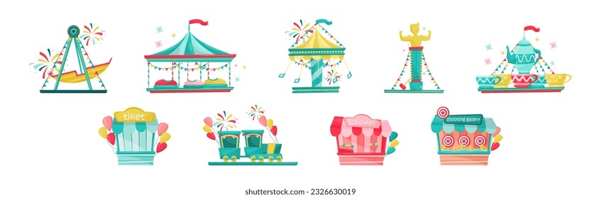 Colorido parque de diversiones Funfair Carousels y Attraction Vector Set