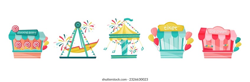 Colorful Amusement Park Funfair Carousels and Attraction Vector Set