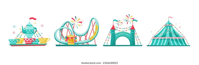 Colorful Amusement Park Funfair Carousels and Attraction Vector Set