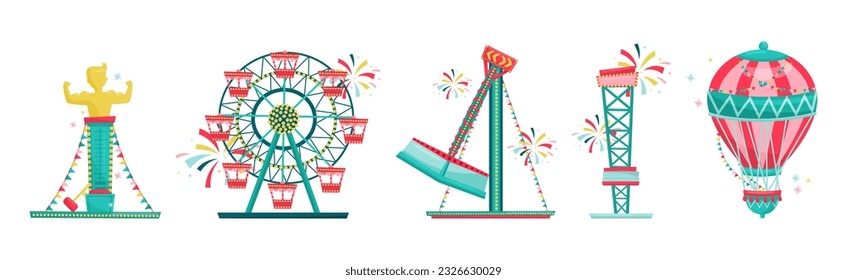 Colorful Amusement Park Funfair Carousels and Attraction Vector Set
