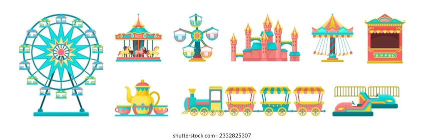 Colorful Amusement Park Funfair Carousels and Attraction Vector Set