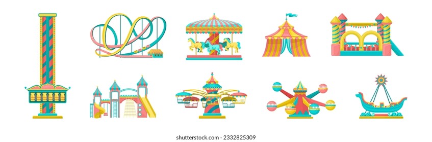Colorful Amusement Park Funfair Carousels and Attraction Vector Set