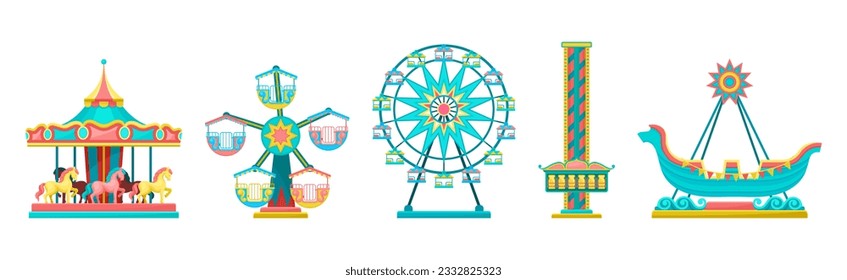 Colorful Amusement Park Funfair Carousels and Attraction Vector Set