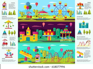 Colorful amusement park infographic banners with recreational swing carousels attractions and elements vector illustration