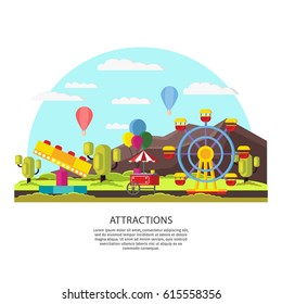 Colorful amusement park template with ferris wheel ice cream booth carousel balloons on nature landscape vector illustration 