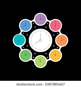 colorful analog clocks concept. Nine wall clock concept. analog clocks around the analog clock