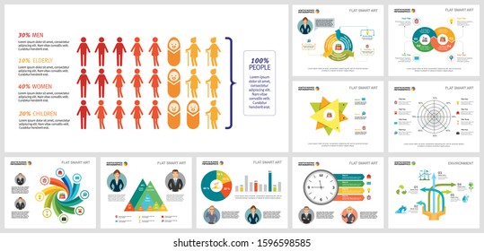Colorful analysis and ecology concept infographic charts set. Business design elements for presentation slide templates. For corporate report, advertising, leaflet layout and poster design.
