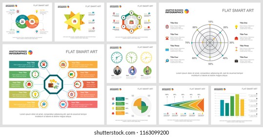Colorful analysis or statistics concept infographic charts set. Business design elements for presentation slide templates. For corporate report, advertising, leaflet layout and poster design.