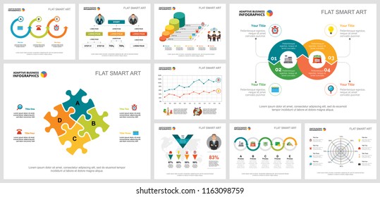 Colorful analytics or consulting concept infographic charts set. Business design elements for presentation slide templates. Can be used for financial report, workflow layout and brochure design.