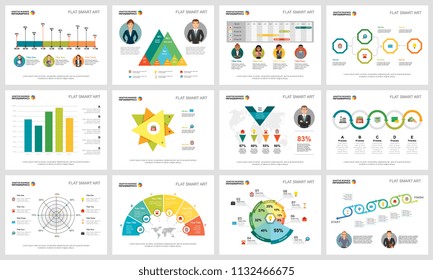 Colorful analytics or logistics concept infographic charts set. Business design elements for presentation slide templates. For corporate report, advertising, leaflet layout and poster design.