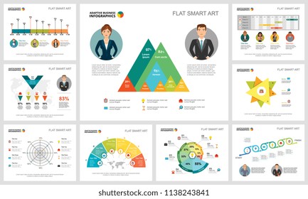 Colorful analytics or logistics concept infographic charts set. Business design elements for presentation slide templates. For corporate report, advertising, leaflet layout and poster design.