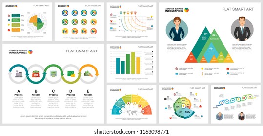Colorful analytics or logistics concept infographic charts set. Business design elements for presentation slide templates. For corporate report, advertising, leaflet layout and poster design.