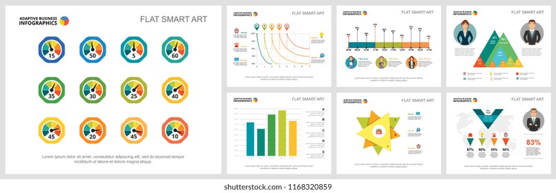 Colorful analytics or logistics concept infographic charts set. Business design elements for presentation slide templates. For corporate report, advertising, leaflet layout and poster design.