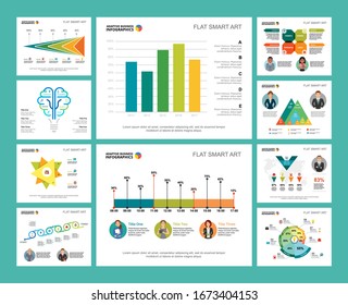 Colorful analytics or logistics concept infographic charts set. Business design elements for presentation slide templates. For corporate report, advertising, leaflet layout and poster design.