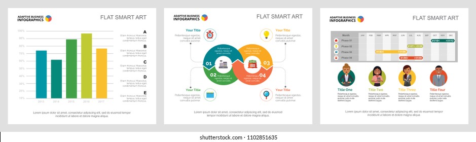 Colorful analytics or planning concept infographic charts set. Business design elements for presentation slide templates. For corporate report, advertising, leaflet layout and poster design.