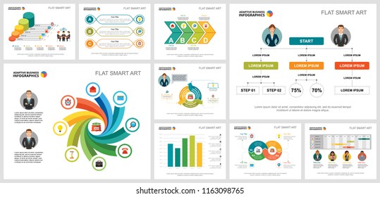 Colorful analytics or planning concept infographic charts set. Business design elements for presentation slide templates. For corporate report, advertising, leaflet layout and poster design.