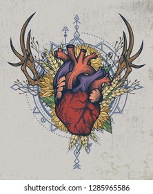 Colorful anatomical human heart poster in engraving technique with sacred geometry, deer stag and sunflower bouquet on grunge background. Tattoo, tee shirt print design. Vector illustration.