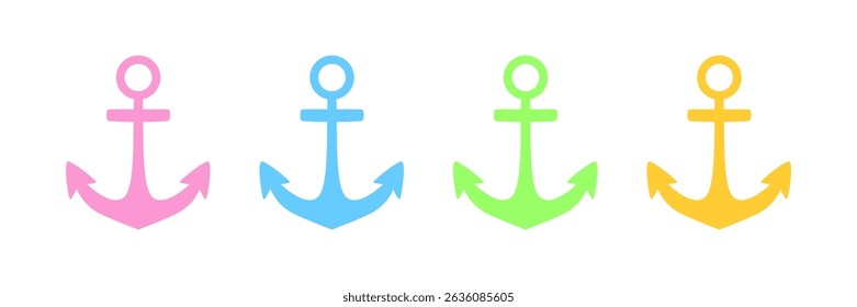 Colorful anchor icons in pink, blue, green, and yellow – playful nautical vector for summer designs. Cute and vibrant anchor illustrations – simple cartoon-style icons in cheerful pastel colors