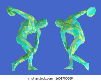 Colorful Ancient Greek Athlete. Set of Playful Vibrant Discobolus on Isolated Background. Low Poly Vector 3D Rendering