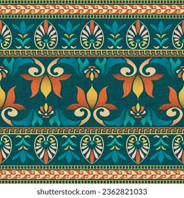 Colorful ancient Greek floral pattern design for textiles. The fabric pattern with Greek flowers, foliage motifs, and geometric shapes on a dark green background. Vibrant seamless pattern designs.