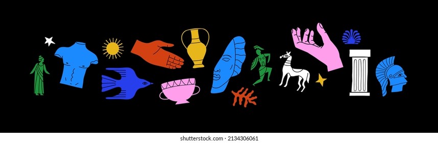 Colorful ancient greek statue and classic vintage monument doodle shapes. Greece culture antique illustration collection. Historical flat cartoon drawing bundle.