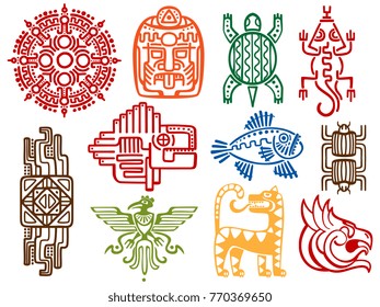 Colorful ancient mexican vector mythology symbols isolated on white background - american aztec, mayan culture native totem. Vector illustration