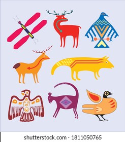 Colorful ancient native american animal vector mythology symbols isolated on colored background background - american aztec, mayan culture native totem. Vector illustration