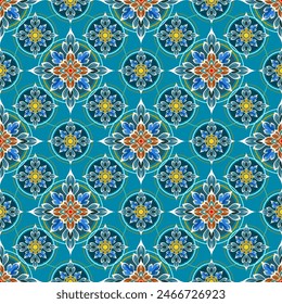 colorful ancient pattern In a vintage style combined with Thai patterns. On a seamless blue-green background for digital printing, textiles, wallpaper.