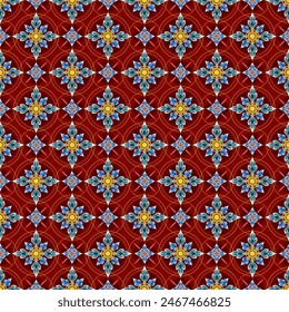 colorful ancient pattern In a vintage style combined with Thai patterns. On dark red background, seamless for digital printing, textiles, wallpaper.