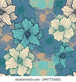 Bunte Anemonenblume periodisches Muster. Handgezeichnetes florales Ornament. Anemonenblüte mit Doodle-Blüten. Textildruck. Gartenblüte Sommer wiederholt Design Natur Motiv.