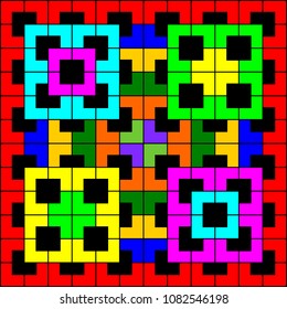 Colorful angle brackets or chevron arrows repeating pattern on black background vector. Abstract geometric designs and shapes.