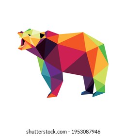 Farbenfrohe wütende Bär Polygon Low-Poly. Silhouette von Bären roared Vektorsymbol. Bärenlogo. Farbiges abstraktes Symbol.