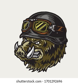 Colorful angry biker wild boar head in motorcycle helmet and goggles in vintage style isolated vector illustration