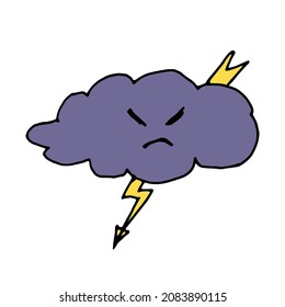 Nube colorida y furiosa con garabato vectorial de rayo