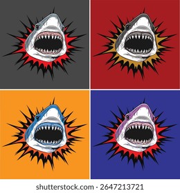 Colorful Angry Shark Vector Bundle – Pop Art Comic Style – 4 Variants
